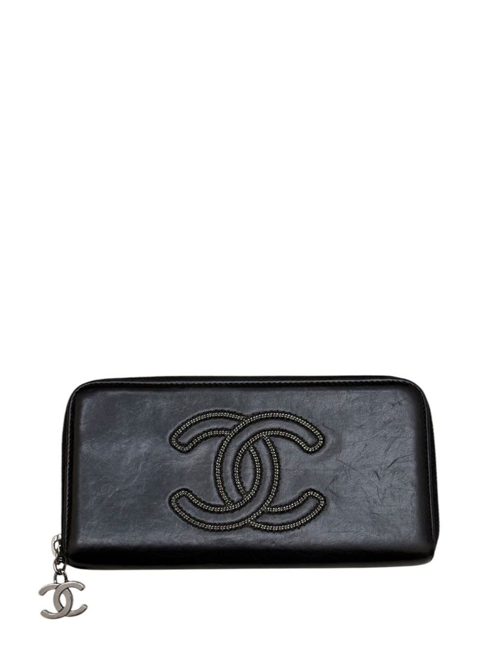 CHANEL - BLACK SILVER SMOOTH AGED CALFSKIN LEATHER LONG ZIP AROUND WALLET